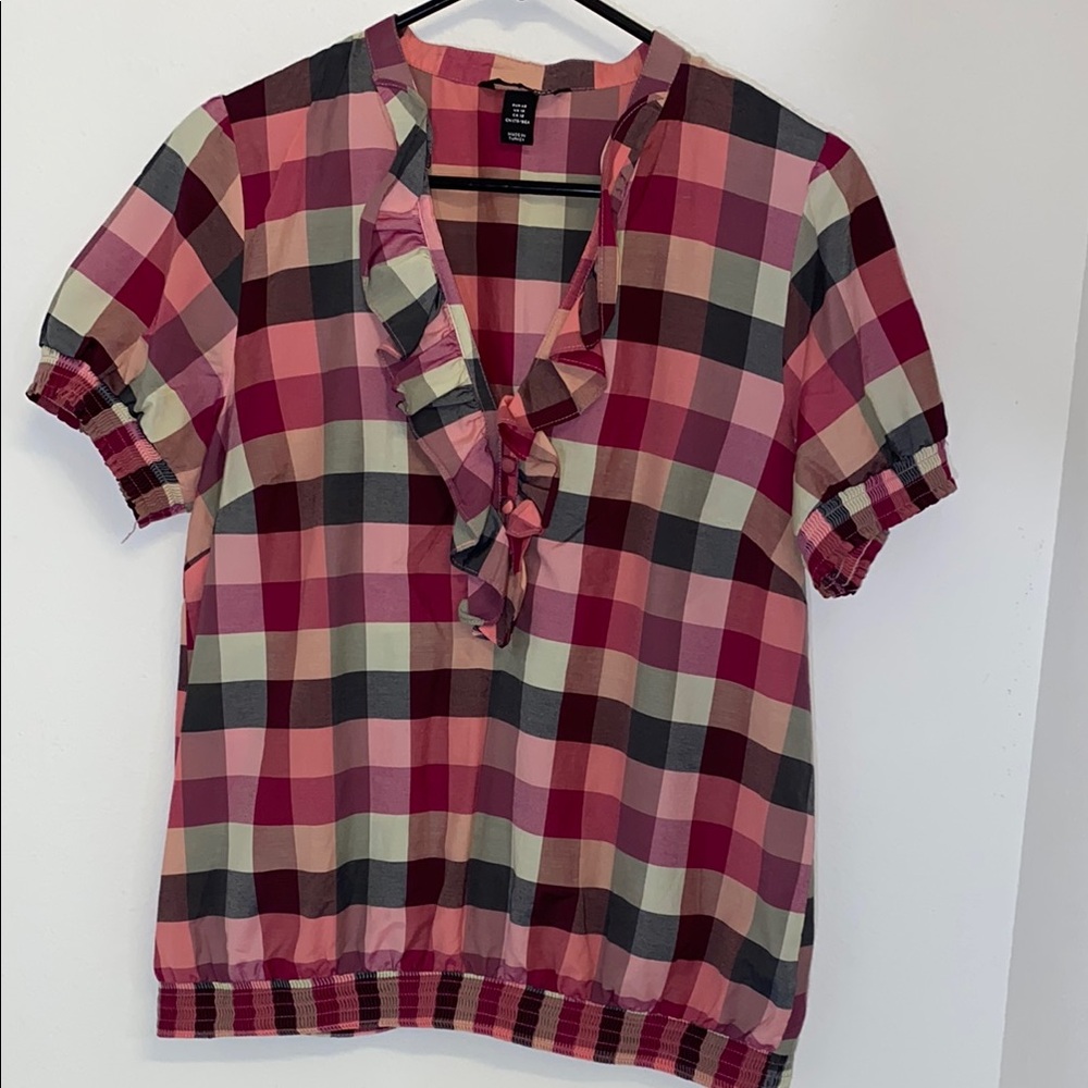 H&M Pink, Black, Beige Plaid Ruffle Blouse Size 12